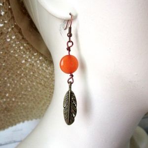 Carnelian Stone and Feather Charm Earrings  Copper